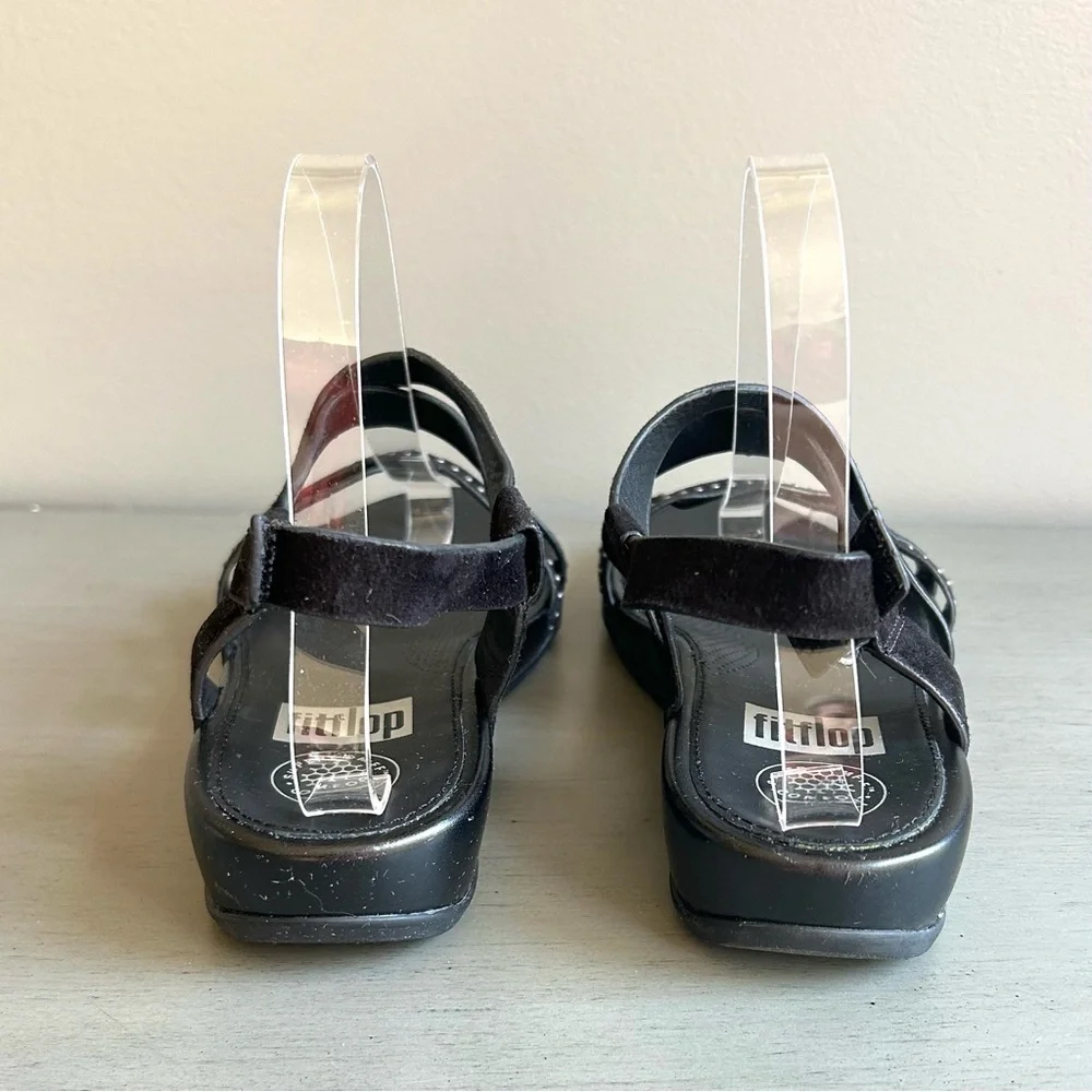 FitFlop Lumy Women Black Strappy Suede Studded Wedge Sandals Sz 8 Comfort